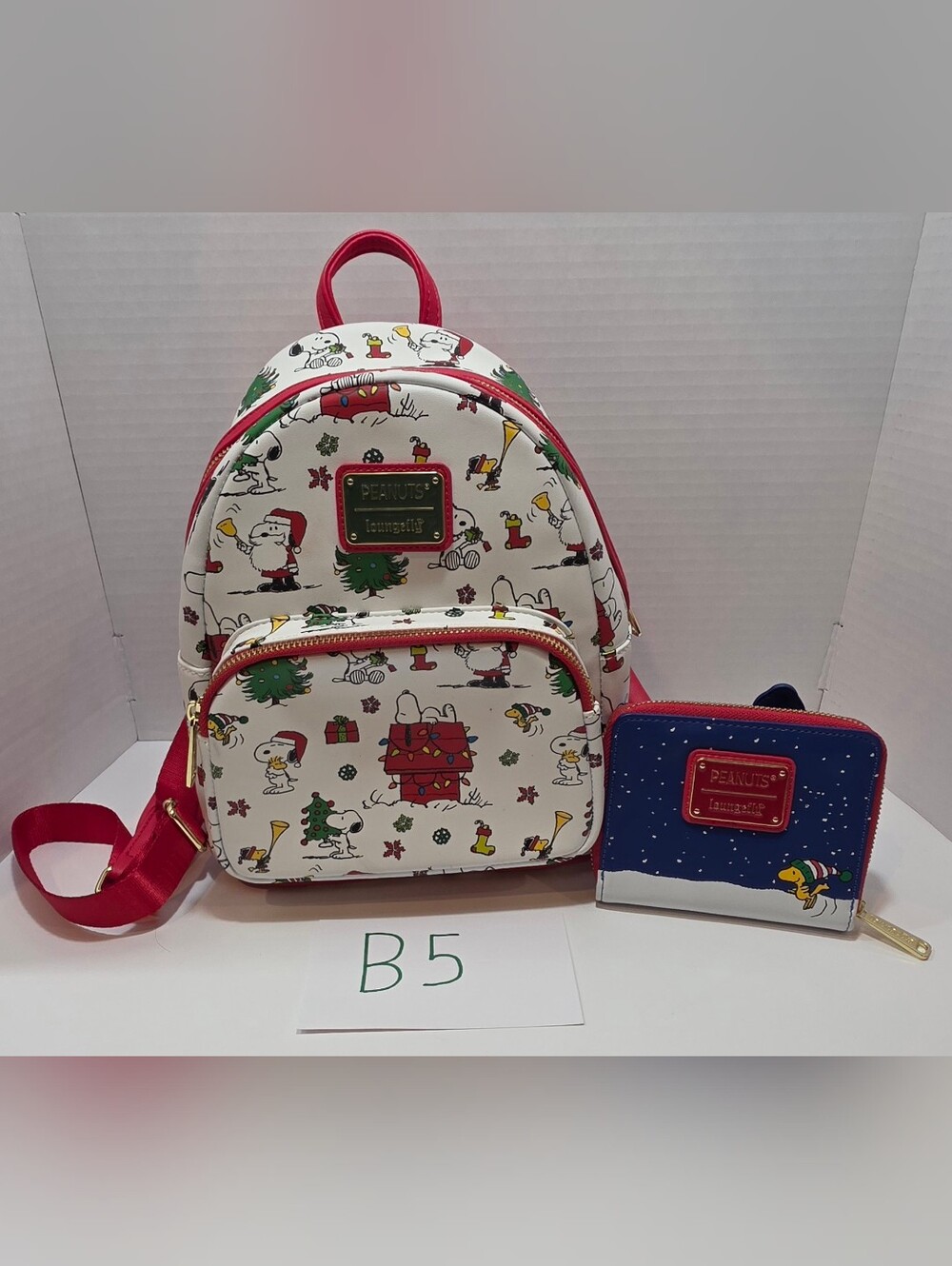 Loungefly Peanuts Holiday Mini Backpack & Wallet in White, Red, Blue